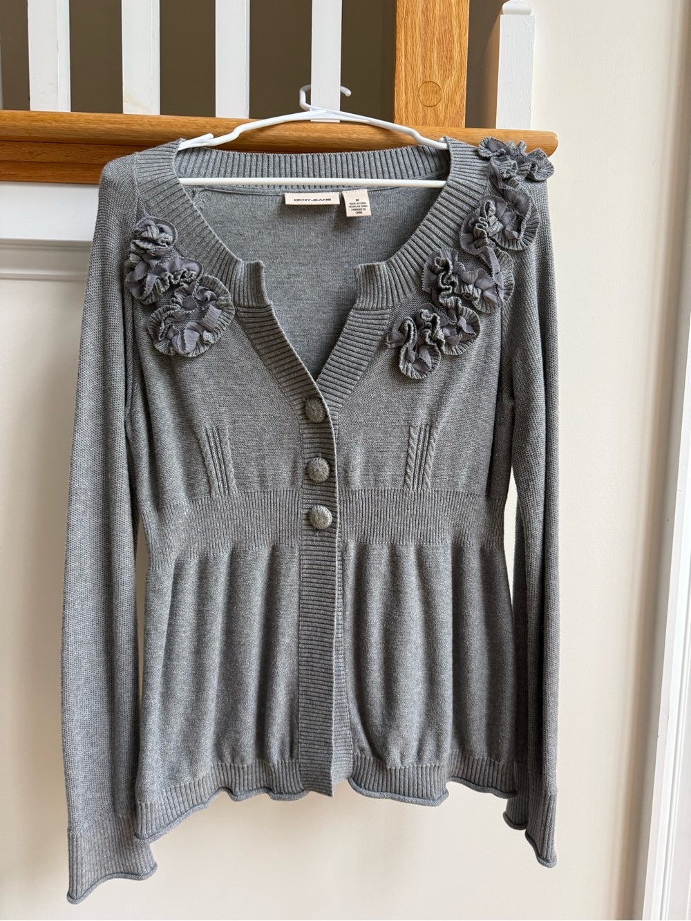DKNY Gray Floral Appliqué V-Neck Cardigan